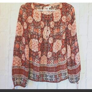 LUCKY BRAND Coral/Navy Peasant Top